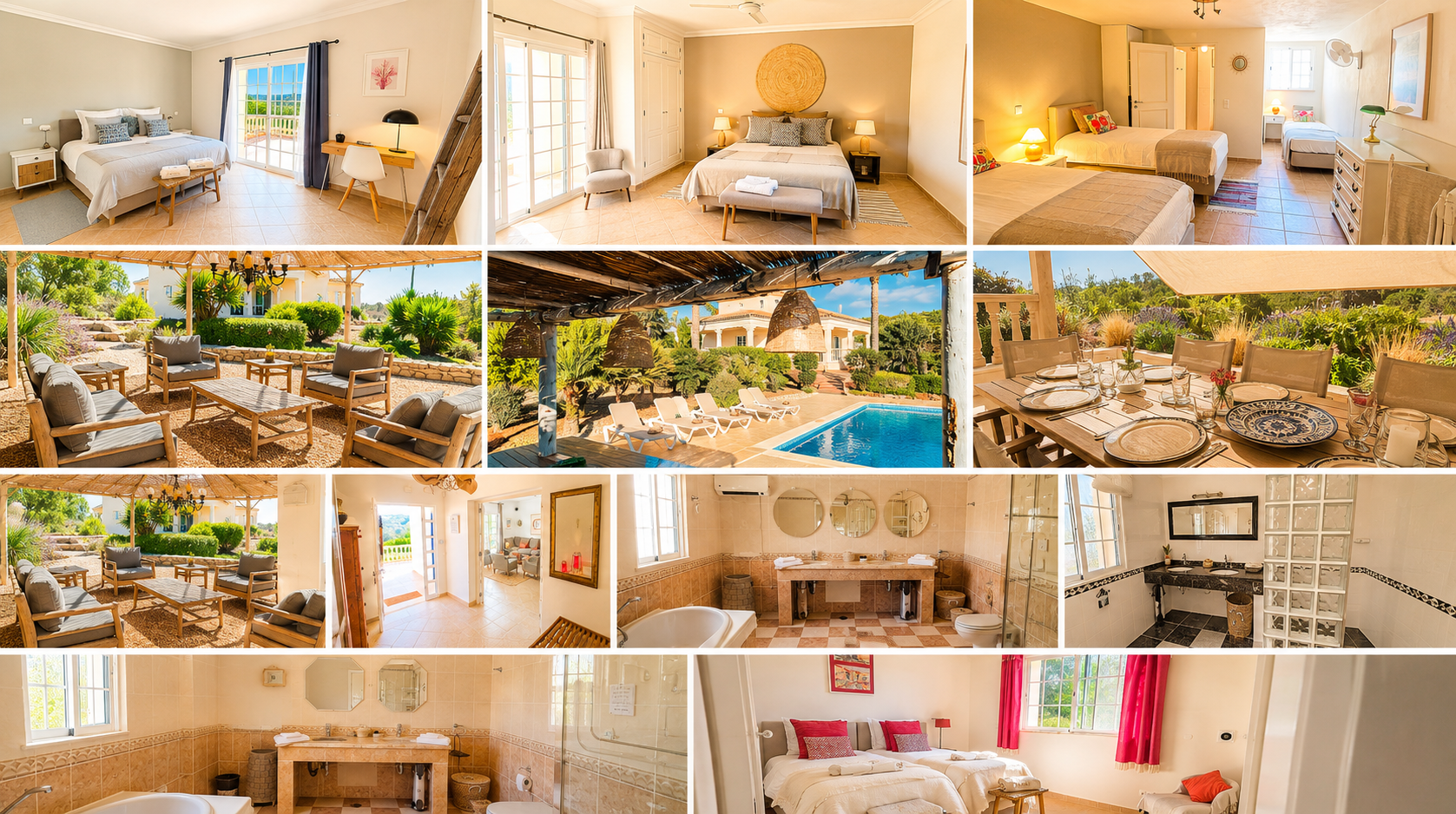 Living spaces at Casa Amani — collage of the lounge, dining area and warm interiors